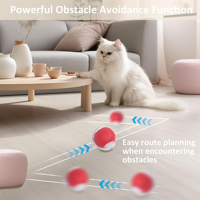 Interactive Cat Toys for Indoor Cats, 360° Smart Automatic Kitten Toys Self Rolling Pet Ball, Moving Dog Cat Ball with Mesh Tail for Bored, USB Rechargeable (Red)-Mewly Pet