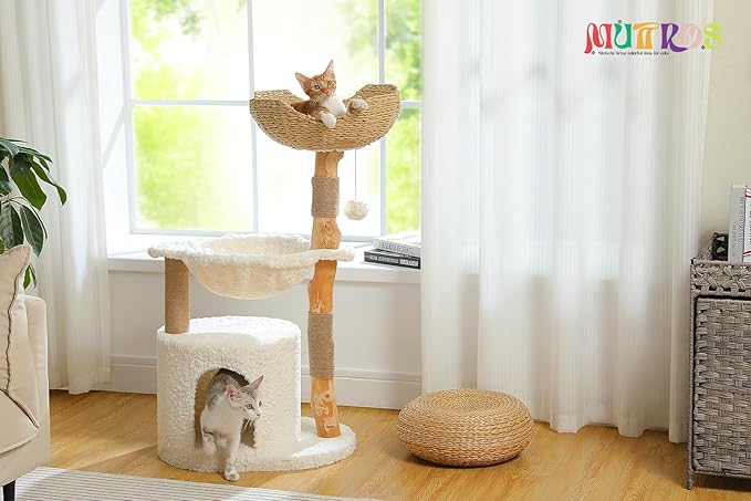 Modern Cat Tree for Large Cats, Wood Cat Tower for Indoor Cats, Real Branch Luxury Cat Furniture with Super Large Cozy Condo and Hammock & Scratching Post, Top Basket, White-Mewly Pet