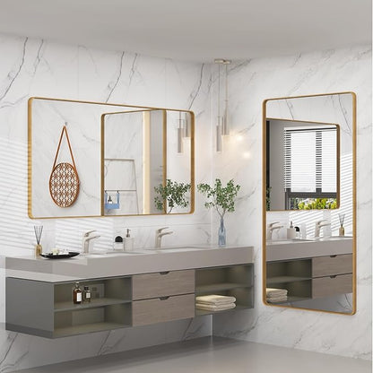 55x30 Gold Bathroom Mirror, Brushed Metal Frame Gold Vanity Mirror, Large Rectangle Mirror for Wall, Rounded Corner, Shatterproof, Anti-Rust (Horizontal/Vertical)