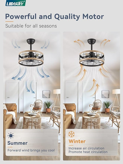 LEDIARY 16.5in Caged Ceiling Fan with Light, Fandelier Industrial Ceiling Fan with Remote, Rustic Metal Fan Lights Ceiling Fixtures for Kitchen, Farmhouse, Bedroom（6 Speed,1/2/4/8h Timing）-Brown