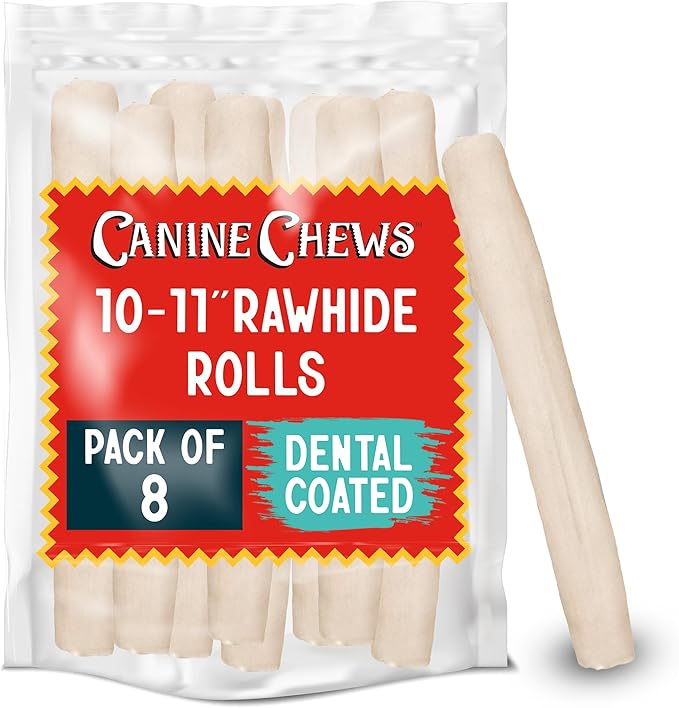 Canine Chews 10-11" Dental Coated Jumbo Rawhide Retriever Rolls (8 Pack) - Breath Freshening & Long Lasting Dental Chews for Dogs Large Size - Teeth Cleaning Dog Treats for Aggressive Chewers-Mewly Pet