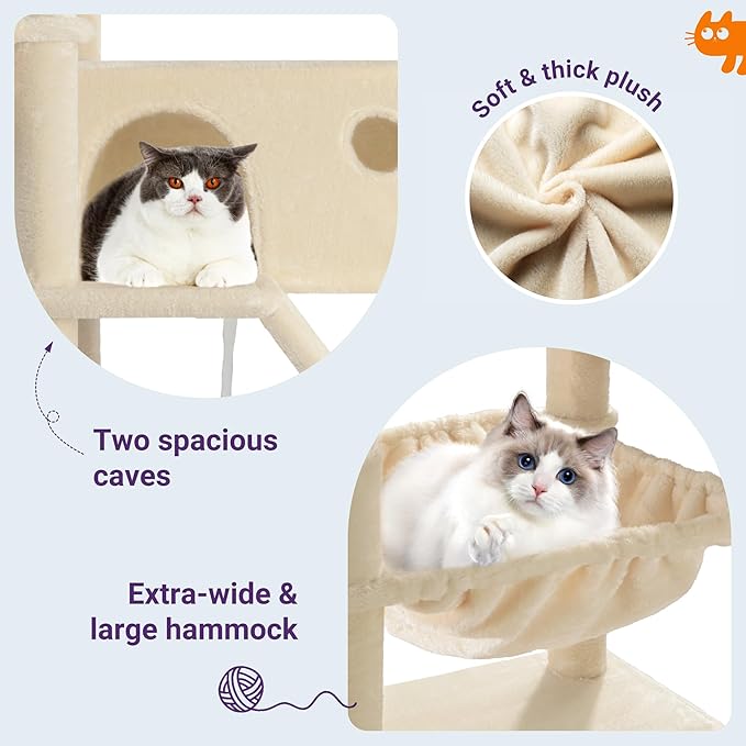 Allewie 81 Inches Tall Cat Tree/Multi-Level Large Climbing Tree House and Towers for Big Feline/Condo and Hammock/Scratching Post/Wide Base/Beige-Mewly Pet