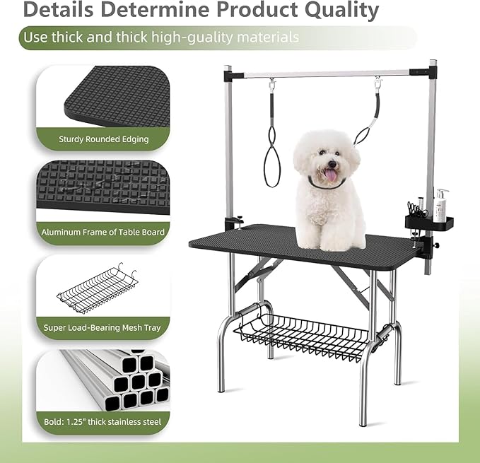 VFK 36" Dog Grooming Table,Foldable Pet Grooming Table for Dogs at Home Black Stainless Steel Bath Grooming Station with Adjustable Arm,Nooses, Mesh Tray,Tool Organizer-Mewly Pet