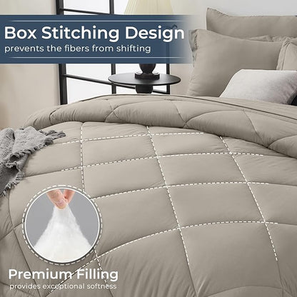 HEVUMYI Oatmeal California King Comforter Set - 7-Piece All Season Bed in a Bag Cal King, Ultra Soft Bedding Set with Comforter, Flat Sheet, Fitted Sheet, Pillowcases, Pillow Shams