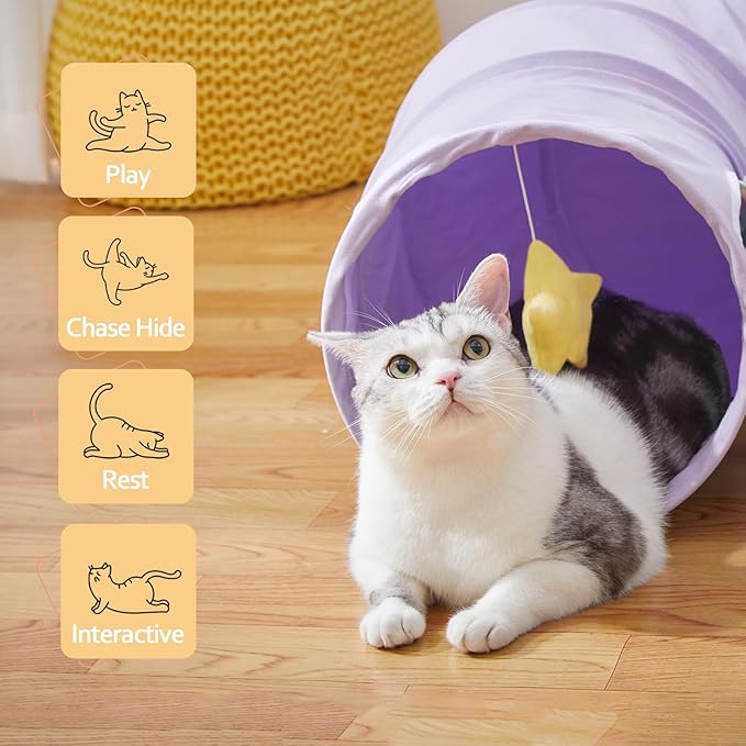 Cat Tunnel, Large Indoor Durable Collapsible Interactive Cat Tube with Peek-A-Boo Hole, Hanging Toys, and Crinkly Paper Lining - Cute Tunnel for Cats, Kittens, Puppies & Rabbits, Purple-Mewly Pet