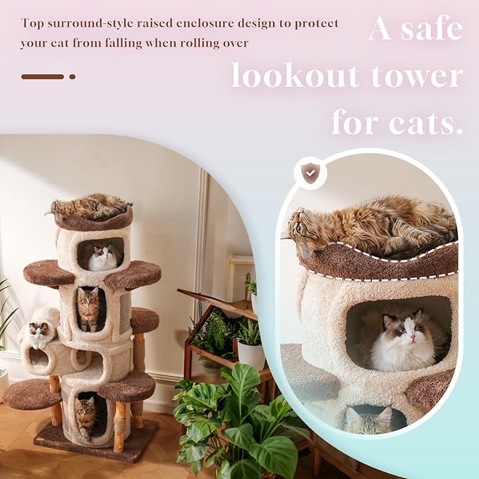70" Heavy Duty Cat Tree for Large Cats with Toys, All-in-One Cat Tower with Cat Perch, Tall Cat Tower with Scratching Post, Brown Modern Cat House-Mewly Pet