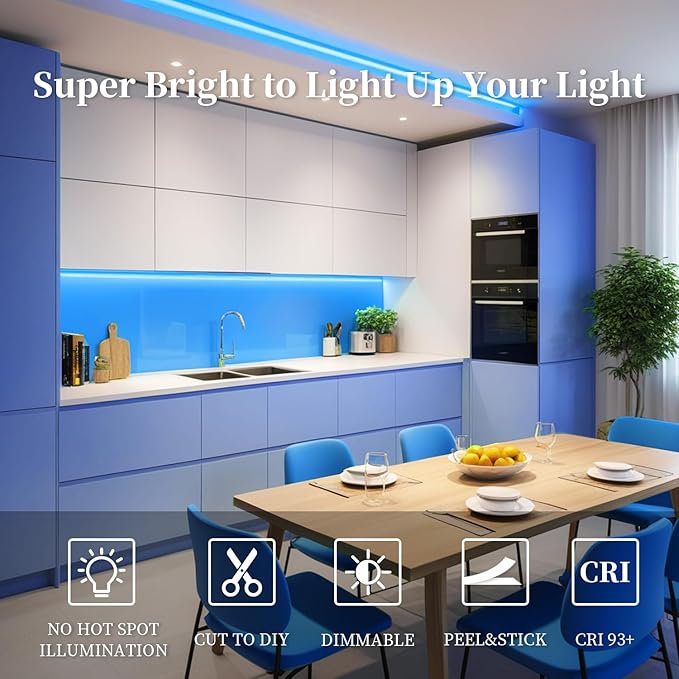 iNextStation COB LED Strip Light Blue 32.8ft/10M DC24V CRI 93+ Flexible LED Tape Lights 8mm for Bedroom, Kitchen, TV Backlight, Cabinet, Stage, Home DIY Lighting Decor(No Plug)