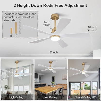 BOJUE 52 Inch Ceiling Fans with Lights and Remote Control, White Gold Ceiling Fan with Light for Bedroom, Noiseless DC Motor, Dimmable Led 5 Solid Wood Blades