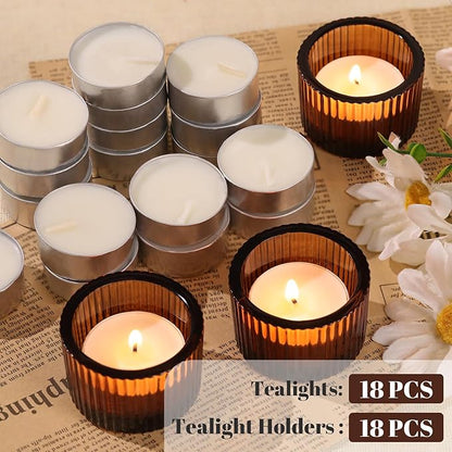 18 pcs Amber Tealight Candle Holders with 18PCS Tealights, Glass Votive Candle Holders Set for Table Centerpiece, Home Decor and Party Supplies