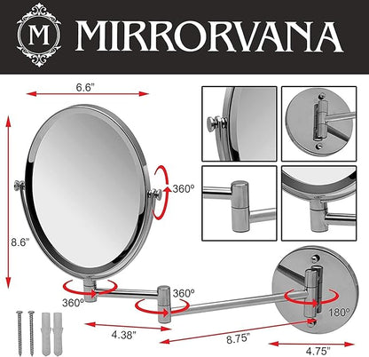 Wall Mounted Bathroom Makeup & Shaving Mirror, Double Sided 5X & 1X Magnification, 13-Inch Extension Swivel Arm, Oval 6.6" x 8.6" Glass Area, Chrome