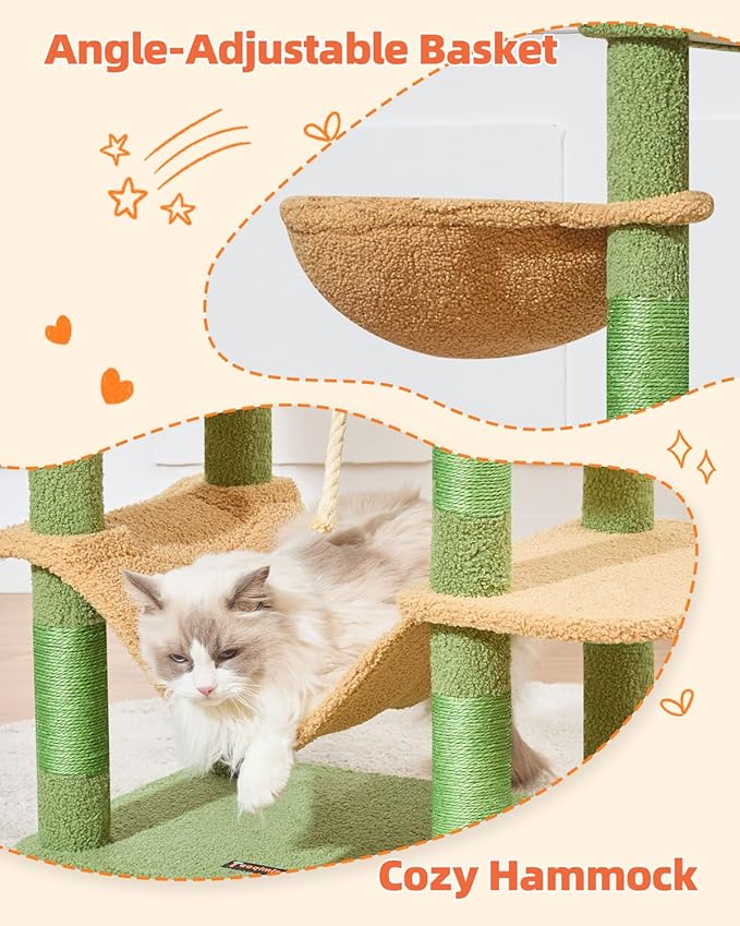 Taoqimiao Cat Tree, 66.2-Inch Cat Tower for Indoor Cats, Plush Multi-Level Cat Condo with 7 Scratching Posts, 2 Perches, 2 Caves, Hammock, 2 Pompoms, MS013T Cactus-Mewly Pet