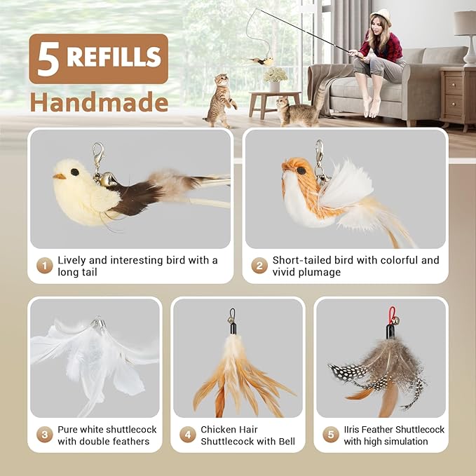 ROSAUI Cat Teaser Wand Toys, Interactive Bird Toys for Indoor Kittens, 42.15’’ Long Cat Fishing Pole Toys, 2Pcs Wires and 5Pcs Natural Refills, Sustainable Wooden Handles, Exercising, Playing-Mewly Pet