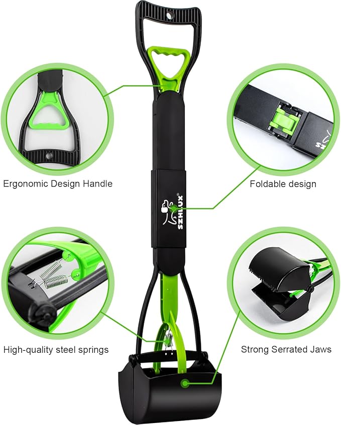 SZHLUX 28" Pooper Scooper, Foldable Dog Pooper Scooper with Unbreakable Material and Durable Spring for Grass and Gravel, Green-Mewly Pet