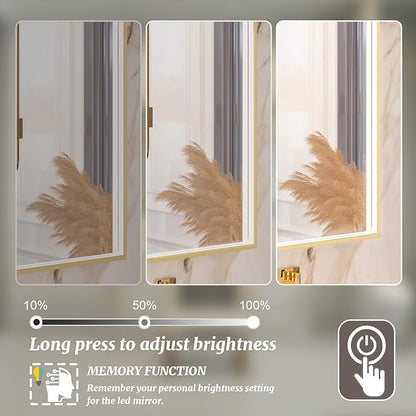 55x32 Inch LED Bathroom Mirror, Gold Metal Framed Lighted Mirror for Bathroom, Wall Mouted LED Vanity Mirror with Lights, 3 Colors and Stepless Dimmable, Anti-Fog, Memory