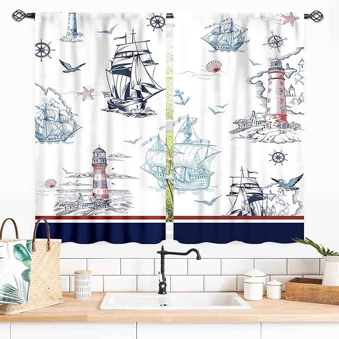 Nautical Curtains, Vintage Marine Coastal Sailboat Compass Anchor Ocean Beach Lighthouse Watercolor Blue Decorative Drapes for Bedroom Living Room Kitchen Bathroom Window 2 Panels, 55x39 Inch