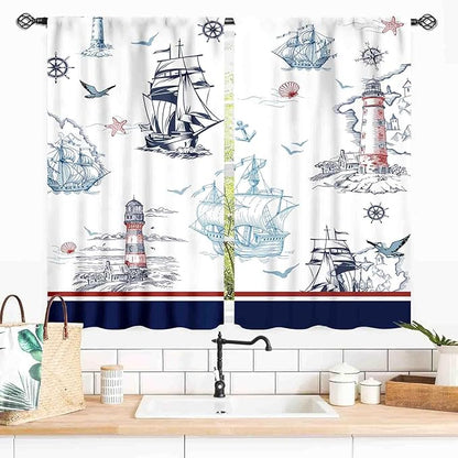Nautical Curtains, Vintage Marine Coastal Sailboat Compass Anchor Ocean Beach Lighthouse Watercolor Blue Decorative Drapes for Bedroom Living Room Kitchen Bathroom Window 2 Panels, 55x39 Inch