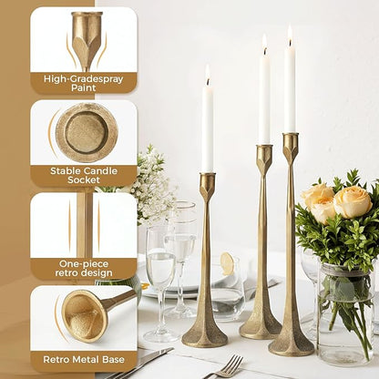 Gold Taper Candle Holder 3-Pack - Elegant Candlestick Holders for Wedding, Table, Party Decor - Holds 3/4 inch Taper Candles