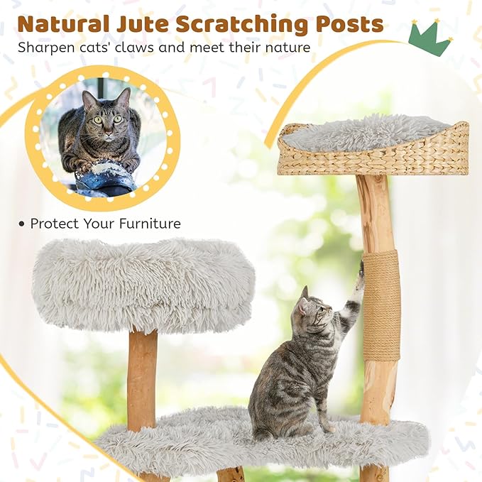 Tangkula Cat Tree Tower, Solid Wood Modern Cat Tower with Top Cattail Basket Bed, Side Perch, Large Platform & Cat Condo, Cute Cat Tree with Scratching Posts for Indoor Cats Large Adult-Mewly Pet