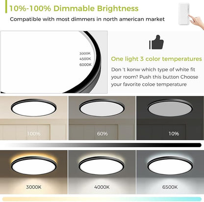 1PACK Flush Mount LED Ceiling Light Fixture Black, 20Inch 45Watt, Dimmable & 3000K-4500K-6000K 3 Color Selectable Ceiling Lamp 4500LM Low Profile Ceiling Light for Kitchen Bedroom Hallway Porch