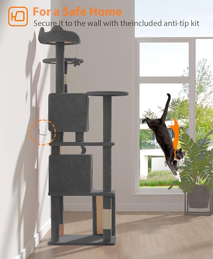 77'' Cat Tree Tower for Indoor Cats Large Adult, Cute/Tall Modern Cat Tree for Big Cats 20 lbs, Plush Multi-Level Cat Condo with Scratching Posts, Dangling Ball (Smoky Gray, 77 inch)-Mewly Pet