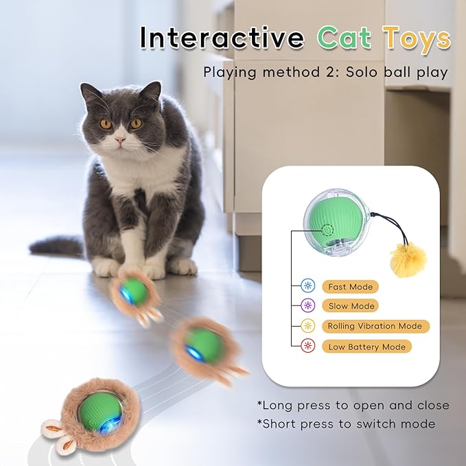 Interactive Cat Toys for Indoor Cats, Fast Rolling Cat Ball Toy in Pouch, Automatic Motion Activated Moving Ball Hide and Seek Exercise Game for Bored Cats, Rechargeable Kitten Toys with LED Light-Mewly Pet