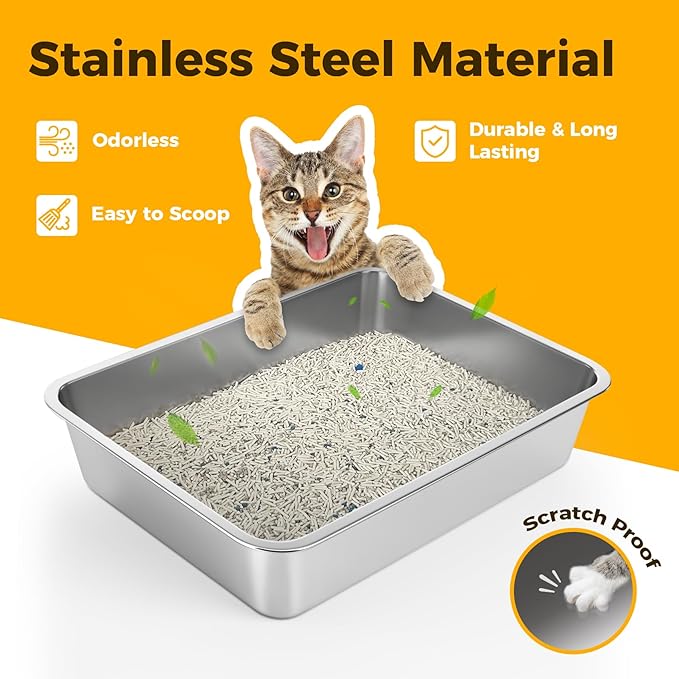 LIHONG Stainless Steel Cat Litter Box,Small Metal Litter Box for Small Cats Hamster Rabbits,No Smell,Non Stick,Easy to Clean(18" Lx14 Wx4 H,M)-Mewly Pet