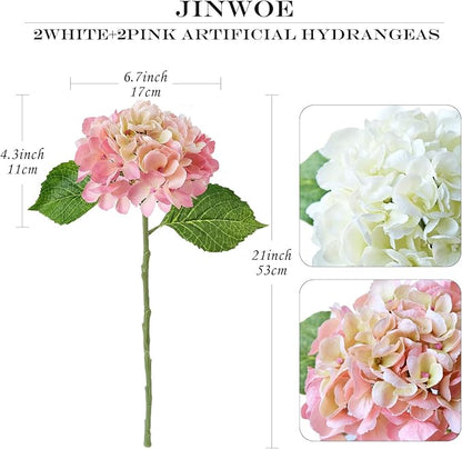2 White +2 Pink Real Touch Hydrangea Artificial Flowers,21" Vintage Boho Silk Fake Flowers, Faux Hydrangea Flowers for Christmas Wedding Bouque Centerpieces Tables Party Home