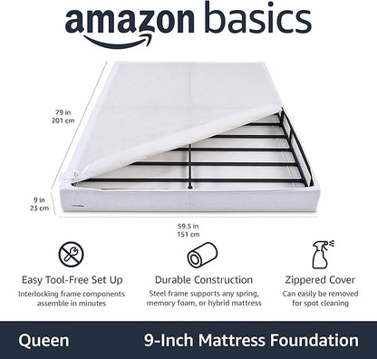 Amazon Basics Smart Box Spring Bed Base, 9-Inch Height Mattress Foundation, Tool-Free Easy Assembly, Queen, 79"L x 59.5"W x 9"H, White