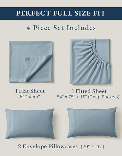 LANE LINEN 100% Organic Cotton Full Sheets Set 4-Piece Pure Percale Soft Bedding Breathable Fits Mattress Upto 15" Deep - French Blue