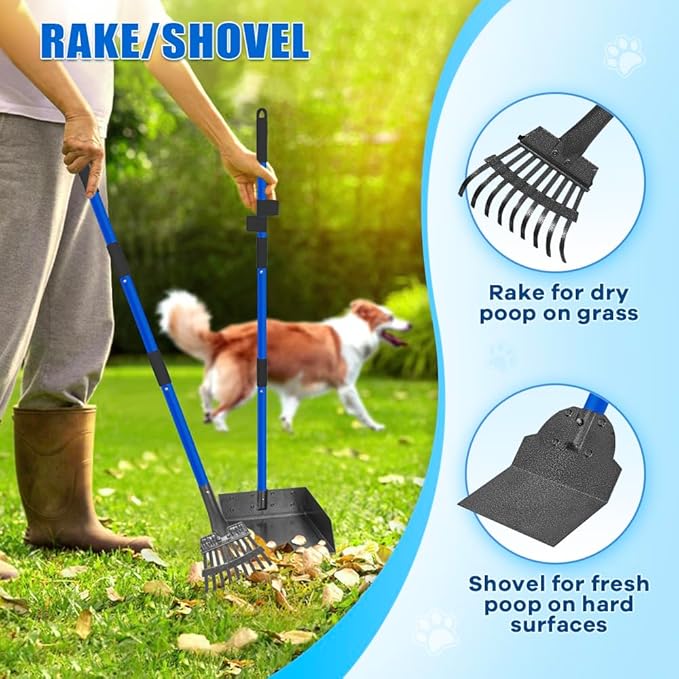 Larger Pooper Scooper Dog Pooper Scooper for Large Medium Small Dogs Heavy Duty Stainless Steel No Bending with Rake & Shovel & Extra Large Tray for Yard-Mewly Pet