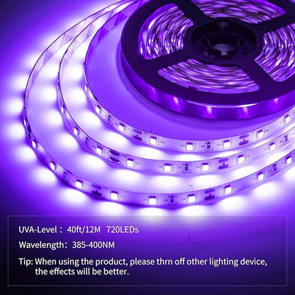 40 Foot Led Black Light Strip Kit, 720 Units Led, 12V Flexible Blacklight Fixtures, Non-Waterproof