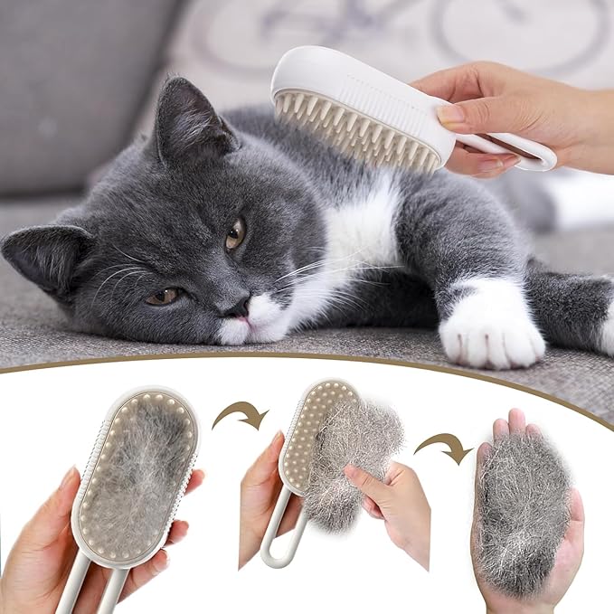 Cat Steam Brush - 5 In1 Grooming Kit for Cats and Dogs Silicone Massage Tool - Stainless Steel Nail Scissors - Hair Detangling Comb - Water Spray Rechargeable Shedding Wash-Free Essence (White)-Mewly Pet