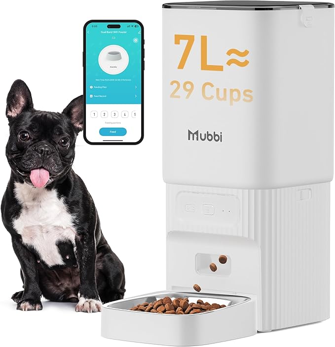 7L/29 Cups Automatic Dog Feeder, 5G WiFi Auto Cat Feeder with Desiccant Bag, Cat Food Dispenser, App Remote Feeding, Stainless Steel Bowl, Dual Power Supply, Ideal for 2-15mm Dry Food-Mewly Pet