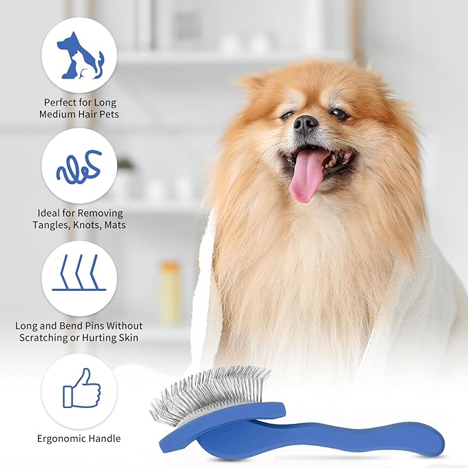 Slicker Brush for Dogs, Long Pin Dog Grooming Brush for Goldendoodles, Poodles, Doodles & More, Includes Bonus Pet Comb, Perfect for De-Shedding, Dematting & Reducing Tangles. Large, Blue-Mewly Pet