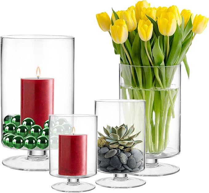 CYS EXCEL Glass Hurricane Pillar Candle Holder (H:8" W:4.75") | Multiple Size Choices Short Stem Candle Centerpieces | Stemmed Glass Cylinder Candle Vase