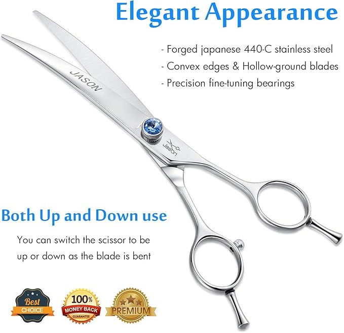JASON 7" Curved Dog Grooming Scissors, Ergonomic Pets Cats Trimming Shears with Offset Handle and a Jewelled Screw for Right Handed Groomers, Sharp, Comfortable-Mewly Pet