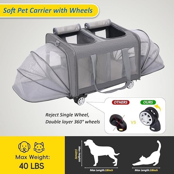 Expandable Pet Carrier with Wheels, Double Cat Dog Carrier 21"x 17"x 16" up to 40 Lbs, Rolling Pet Carrier for Cats and Dogs, Extra Large Pet Travel Carrier, Ideal for Outdoor/Travel-Mewly Pet