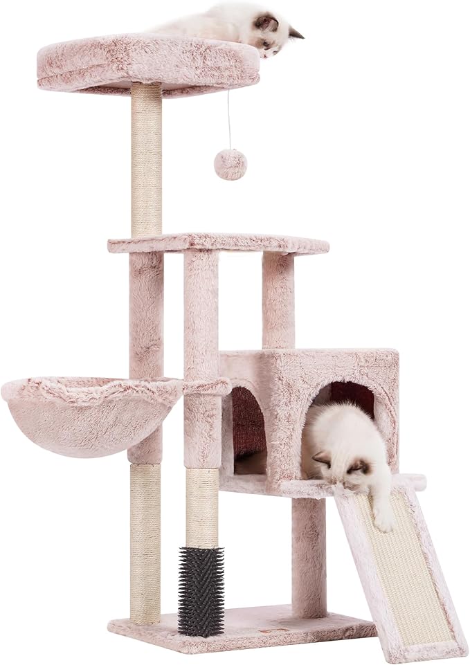 Heybly Cat Tree with Cat Self Groomer Brush, Cat Tower Condo for Indoor Cats with Padded Plush Perch, Cat House with Basket Scratching Board Post, Muchroom HCT005SMU-Mewly Pet