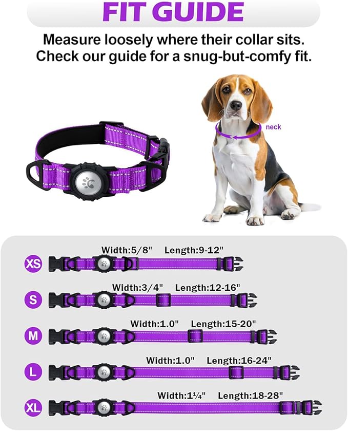 TagME Airtag Dog Collar,Waterproof Reflective Pet Collar with Airtag Holder,Soft Padded and Double D-Rings for Large Dogs,Purple-Mewly Pet