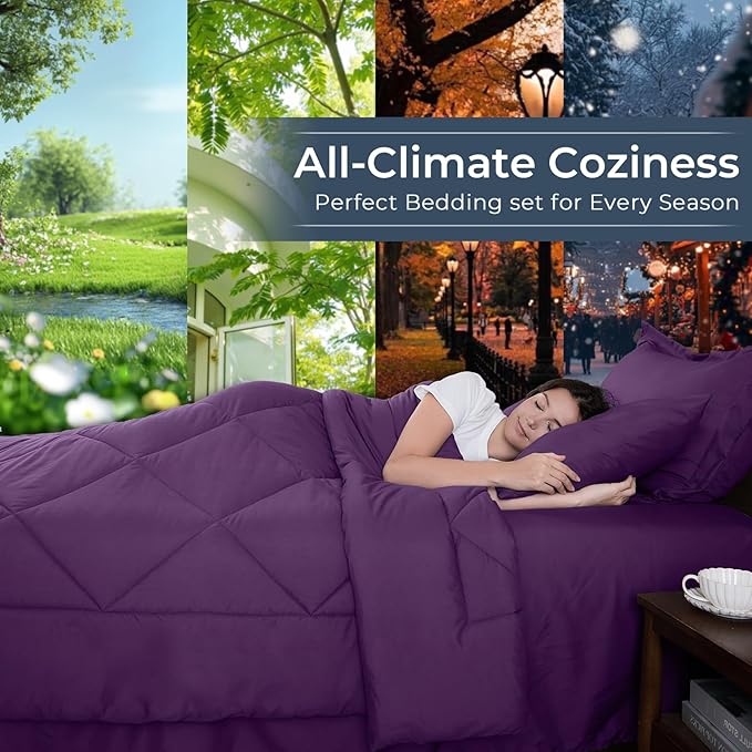 HEVUMYI Grape Purple Full Comforter Set - 7-Piece All Season Bed in a Bag Full, Ultra Soft Bedding Set with Comforter, Flat Sheet, Fitted Sheet, Pillowcases, Pillow Shams