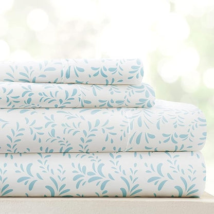 Linen Market Double-Brushed Patterned Microfiber California King Sheet Set 4 Piece – Oeko-TEX Certified Ultra Soft & Wrinkle-Free - 16" Deep Pocket Sheets Easy Care Cal-King Size - Vines Light Blue
