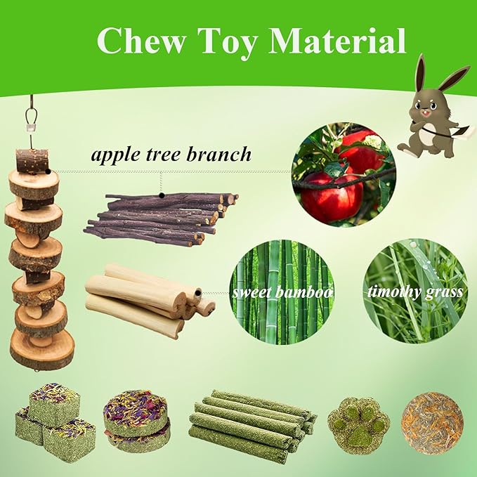 Grddaef Rabbit Toys, Guinea Pig Toys 25 Pcs Natural Timothy Hay Bunny Chews and Treats for Hamster Chinchilla Gerbil-Mewly Pet