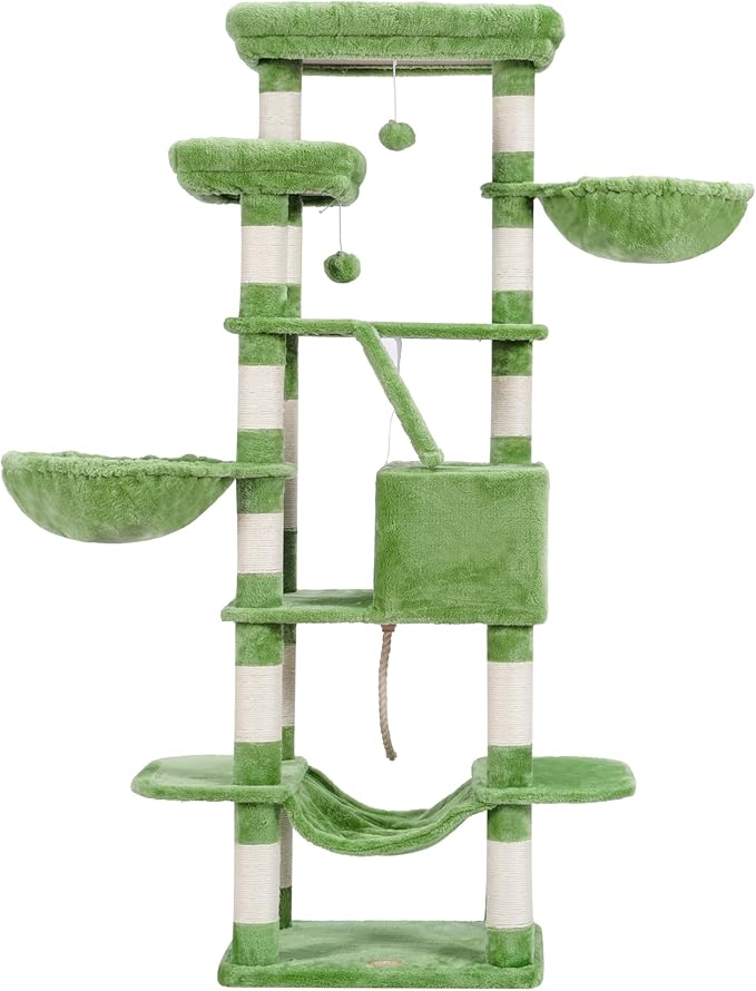Heybly Cat Tree, 68 inch Multi-Level Cat Tower for Indoor Cats, 2 Widened Plush Perches Cat Condo with Scratching Board and Big Caves, Green HCT025GR-Mewly Pet