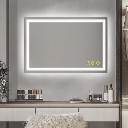 24x36Inch LED Mirror for Bathroom Anti-Fog 3 Colors Dimmable Lighted Mirror Wall Mounted Bathroom Mirror with Lights Horizontal/Vertical Smart Bathroom Mirror