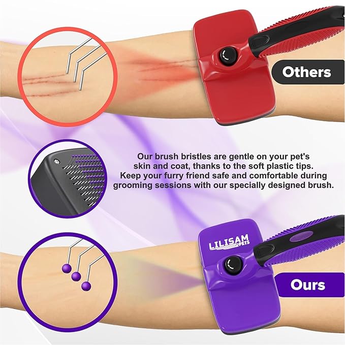 Pet Self Cleaning Slicker Brush and Grooming Comb - Gently Removes Loose Hair, Tangles, and Dirt - Skin Friendly Deshedding Grooming Tool for Hair Dogs & Cats - Pet Supplies Accessories (Purple)-Mewly Pet