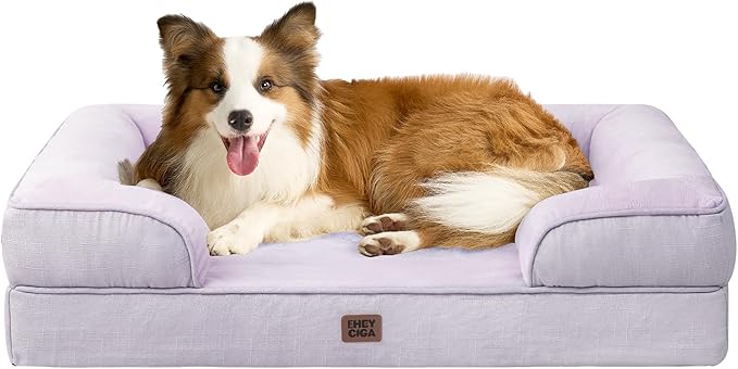 EHEYCIGA Orthopedic Dog Beds for Large Dogs, Waterproof Memory Foam Large Dog Bed with Sides, Non-Slip Bottom and Egg-Crate Foam Pet Couch Bed with Washable Removable Cover, Lilac-Mewly Pet