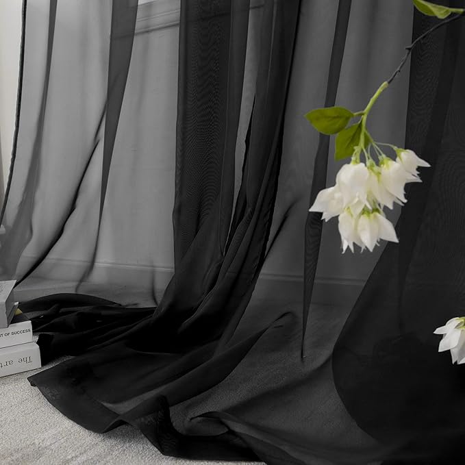 HUTO Black Sheer Curtains 96 Inches Long for Living Room Rod Pocket Voile Window Drapes for Bedroom,2 Panels
