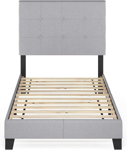 Furinno Laval Button Tufted Upholstered Platform Bed Frame, Twin XL, Glacier