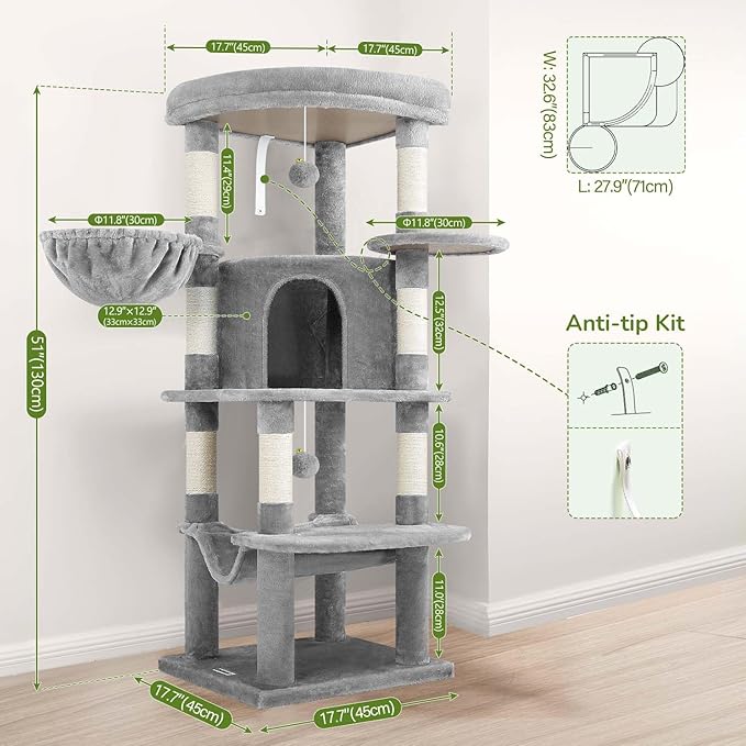 Globlazer Corner Cat Tree Tower for Indoor Cats, 51in Multi-Level Cat Condo Tower with Large Hammock, 7 Sisal Scratching Posts, Oversized Top Perch, Spacious Cat Cave, Hanging Basket, C51, Light Gray-Mewly Pet