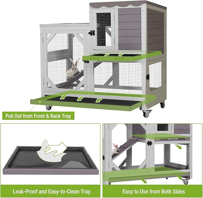 GUTINNEEN 2-Story Rabbit Hutch Indoor with Chew-Proof Design & Slide-Out Trays - Wooden Small Animal Cage Guinea Pig Cages with Lockable Wheels for 2-3 Rabbits, Bunnies, Guinea Pigs (Grey)-Mewly Pet